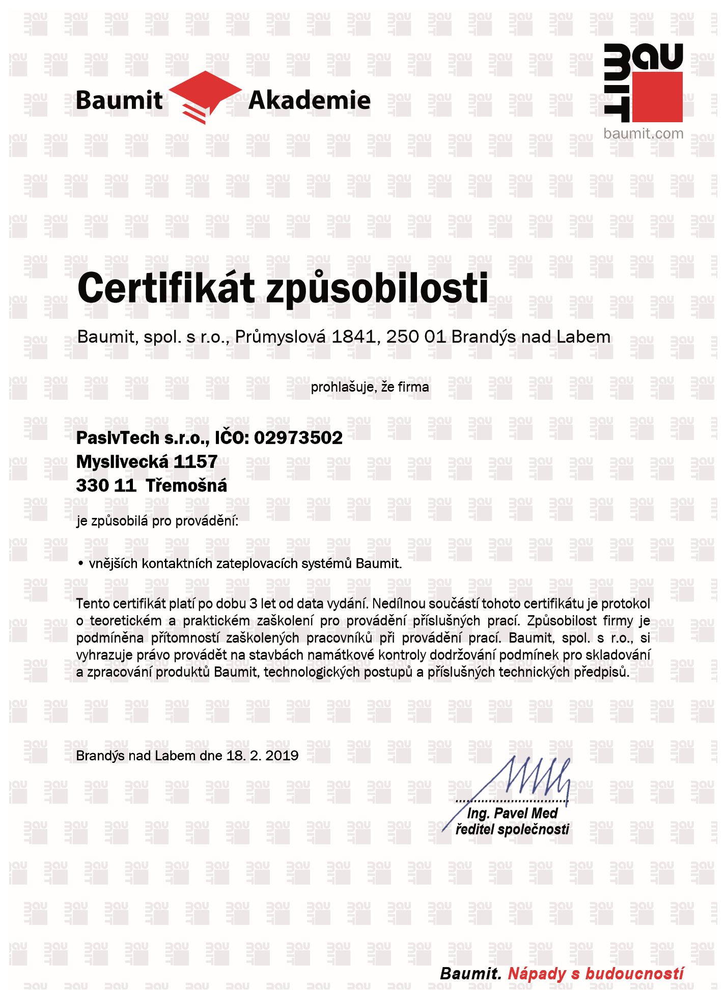 Certifikát způsobilosti instalace zateplovacích systémů