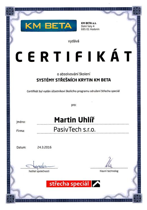 Certifikát - systémy střešních krytin KM Beta